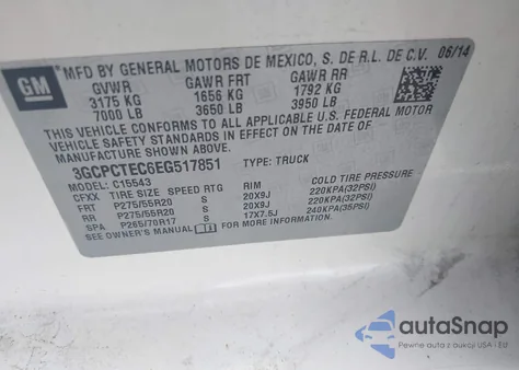 2014 Chevrolet Silverado 1500 High Country z USA, uszkodzony, nr VIN 3GCPCTEC6EG517851